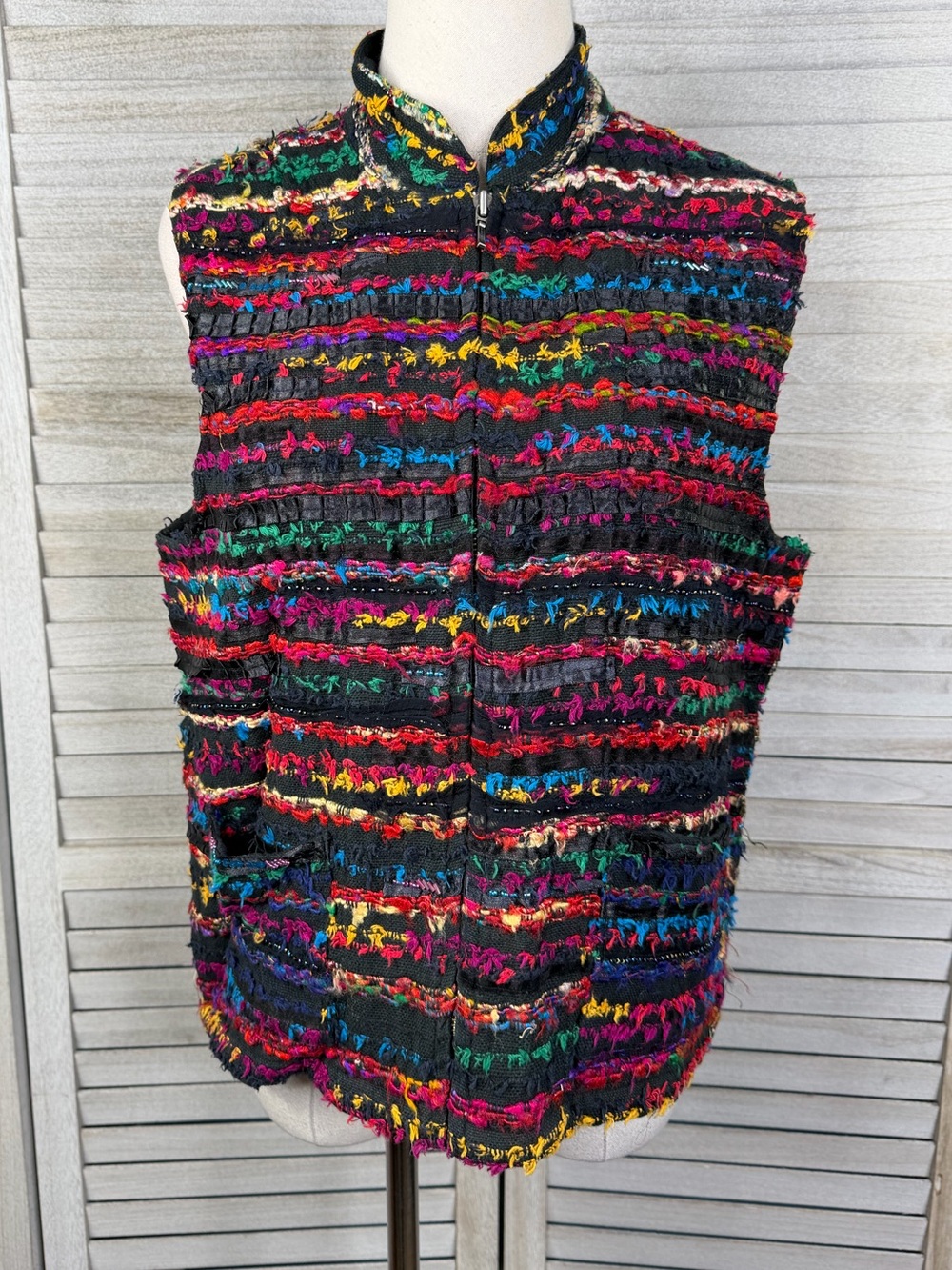 CHICO'S Multicolored Textured Bohemian Vest with Yarn, Ribbon, Beading-8/10